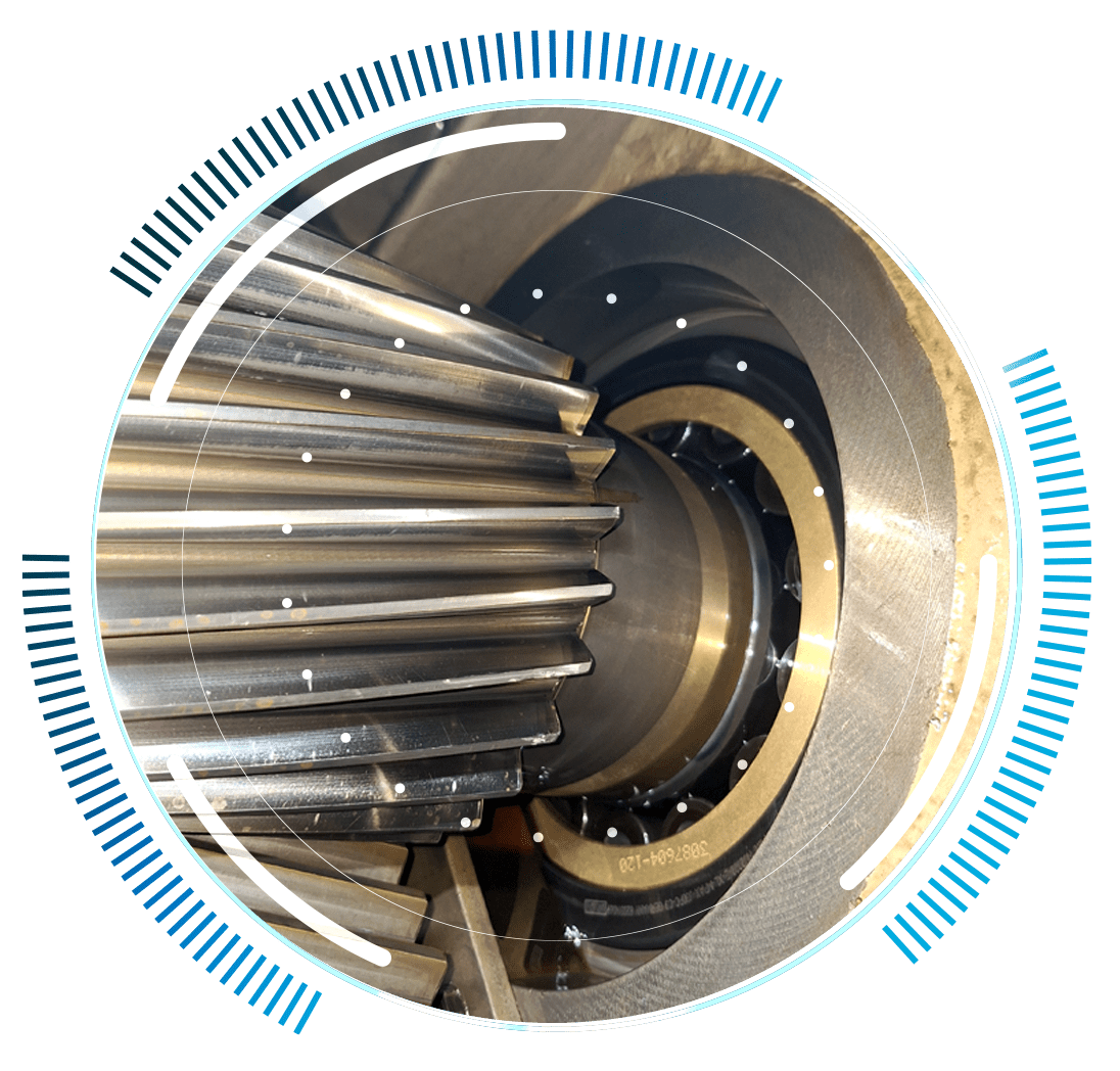 skywings.com.pl - Close-up of a metal gear and bearing inside machinery, viewed through a circular digital overlay with blue and white graphical elements—ideal for showcasing Vestas-Getriebe-Service or Elastomerbuchsen-Austausch in wind turbine maintenance. Wind Turbine Service & Maintenance, Windenergieanlagen-Service & Instandhaltung