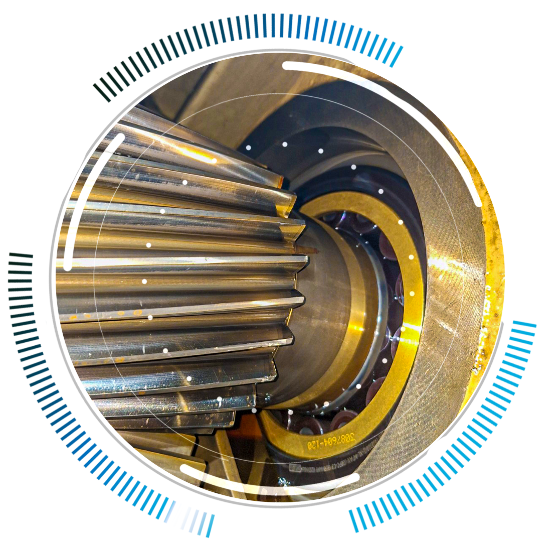 skywings.com.pl - Close-up view of interlocking metal gears, partly overlaid with a circular digital graphic featuring blue and white radial lines and dots, evoking advanced engineering and technology in Vestas gearbox service or generator bearing replacement. Wind Turbine Service & Maintenance, Windenergieanlagen-Service & Instandhaltung
