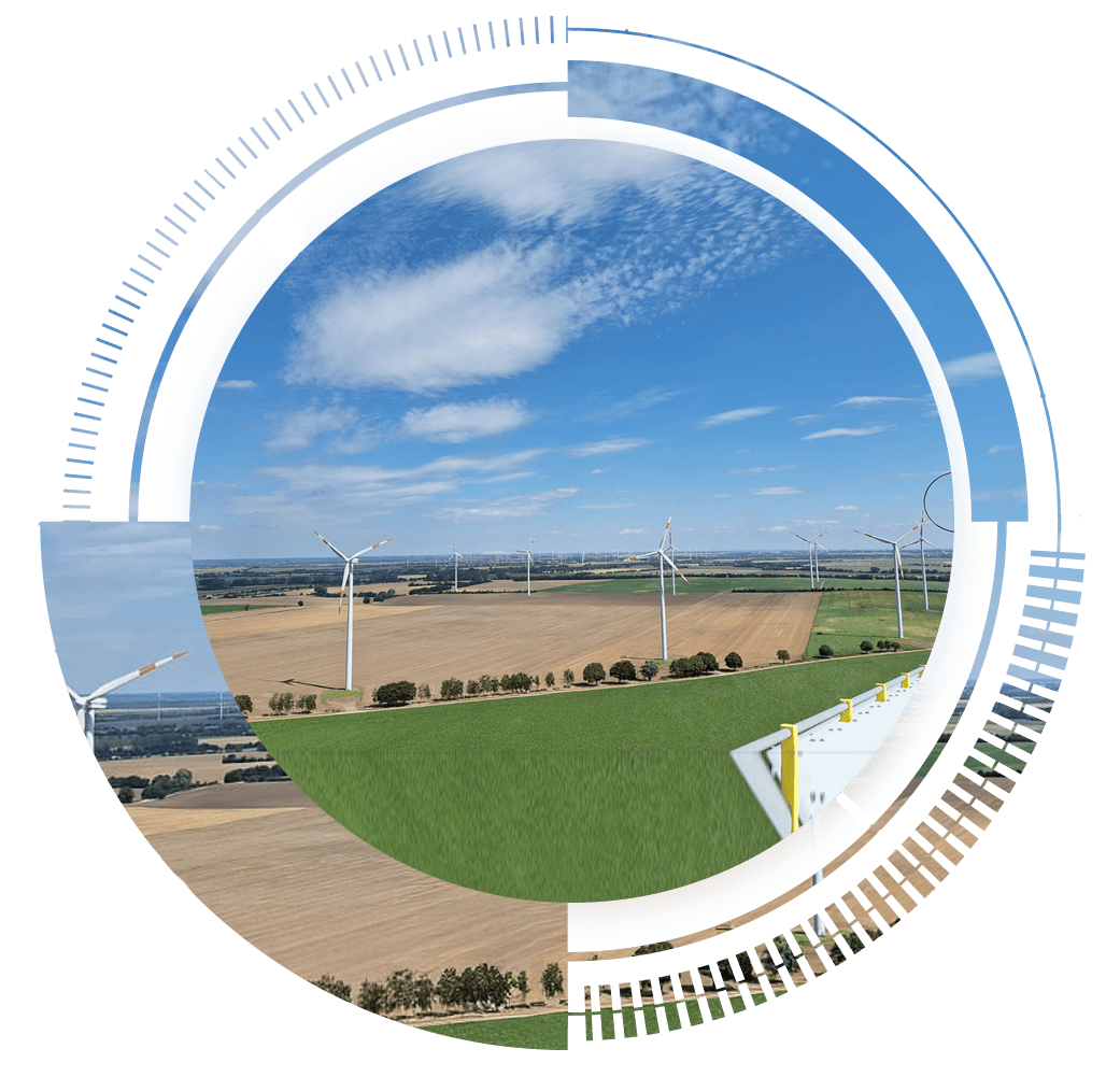 skywings.com.pl - A circular graphic frames a landscape of wind turbines in open fields under a blue sky with scattered clouds, subtly highlighting the importance of generator bearing replacement through blended digital elements. Wind Turbine Service & Maintenance, Windenergieanlagen-Service & Instandhaltung