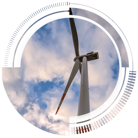 skywings.com.pl - A wind turbine stands tall against a blue sky with scattered clouds, framed by a circular digital graphic overlay—capturing the precision of Windenergieanlagen-Wartung and the innovation behind renewables. Wind Turbine Service & Maintenance, Windenergieanlagen-Service & Instandhaltung