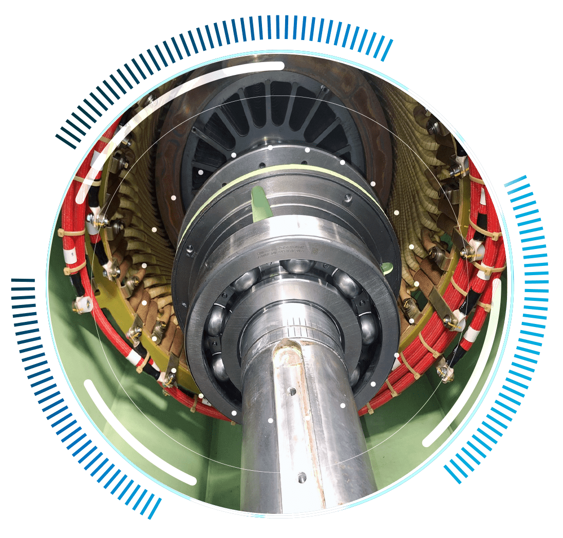 skywings.com.pl - Close-up view of a mechanical shaft and rotor assembly with red coils inside an electric motor, overlaid with blue and white digital graphics, illustrating hydraulic system service for wind turbines and modern wind turbine inspection service. Wind Turbine Service & Maintenance, Windenergieanlagen-Service & Instandhaltung