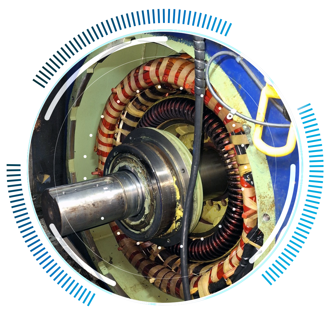 skywings.com.pl - Close-up view of an electric motor’s internal components—copper windings, rotating shaft, and wires—enclosed in a circular graphic with blue and grey accents, illustrating essential parts for Windturbinen-Inspektionsservice. Wind Turbine Service & Maintenance, Windenergieanlagen-Service & Instandhaltung