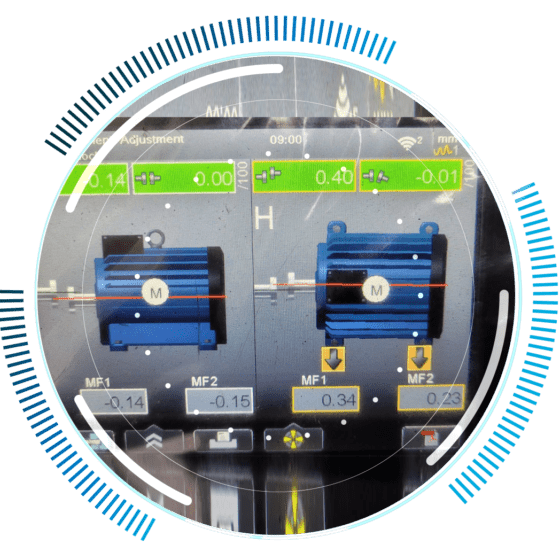 skywings.com.pl - A digital display shows two blue motor icons labelled M, with alignment measurements and adjustment indicators on a technical interface—ideal for Service für Windenergieanlagen or Austausch von Turbinenlagern—framed by a circular graphic. Wind Turbine Service & Maintenance, Windenergieanlagen-Service & Instandhaltung