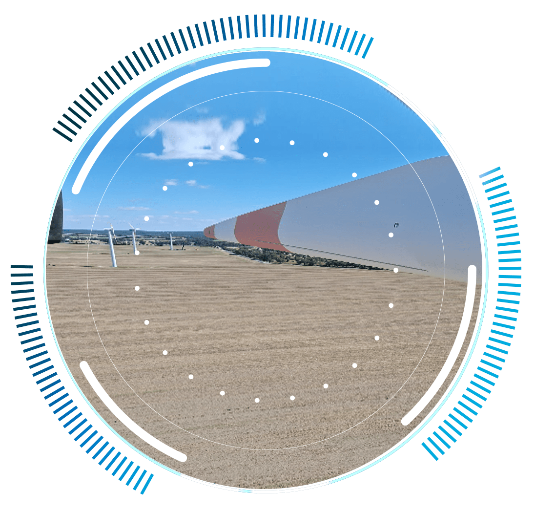 skywings.com.pl - Close-up view of a wind turbine blade in a desert landscape, with other turbines in the background. Circular digital interface graphics hint at advanced wind turbine hydraulic system servicing for a futuristic touch. Wind Turbine Service & Maintenance, Windenergieanlagen-Service & Instandhaltung