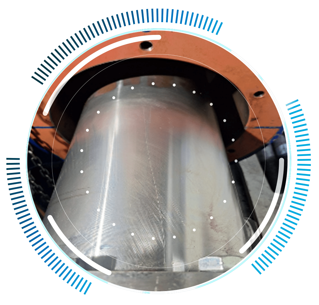 skywings.com.pl - A close-up view of a large cylindrical metal object with a reflective surface, partially framed by an orange structure and overlaid with blue and white circular graphics, highlighting Hydrauliksystem-Service für Windturbinen. Wind Turbine Service & Maintenance, Windenergieanlagen-Service & Instandhaltung