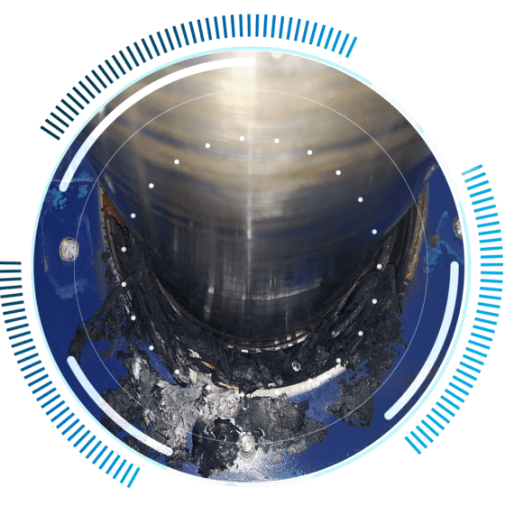 skywings.com.pl - A close-up view of a metal cylinder surrounded by dark residue on a blue surface, with a circular digital overlay—illustrating components vital for Hydraulics System Service for wind turbines and effective wind turbine inspection service. Wind Turbine Service & Maintenance, Windenergieanlagen-Service & Instandhaltung