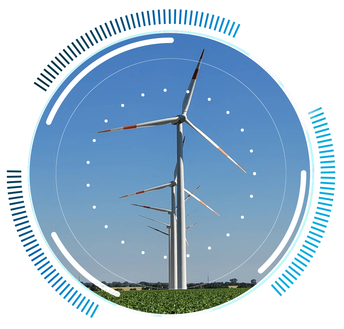 skywings.com.pl - Three wind turbines stand in a green field under a clear blue sky, framed by a circular digital graphic with blue and white accents, highlighting professional wind turbine inspection service. Wind Turbine Service & Maintenance, Windenergieanlagen-Service & Instandhaltung