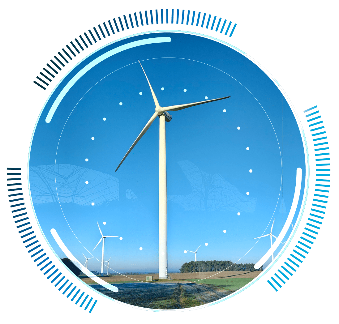 skywings.com.pl - A wind turbine stands in a field under a clear blue sky, with digital graphics symbolising technology and clean energy. Other turbines and fields appear in the background, highlighting the importance of wind turbine hydraulic system service. Wind Turbine Service & Maintenance, Windenergieanlagen-Service & Instandhaltung