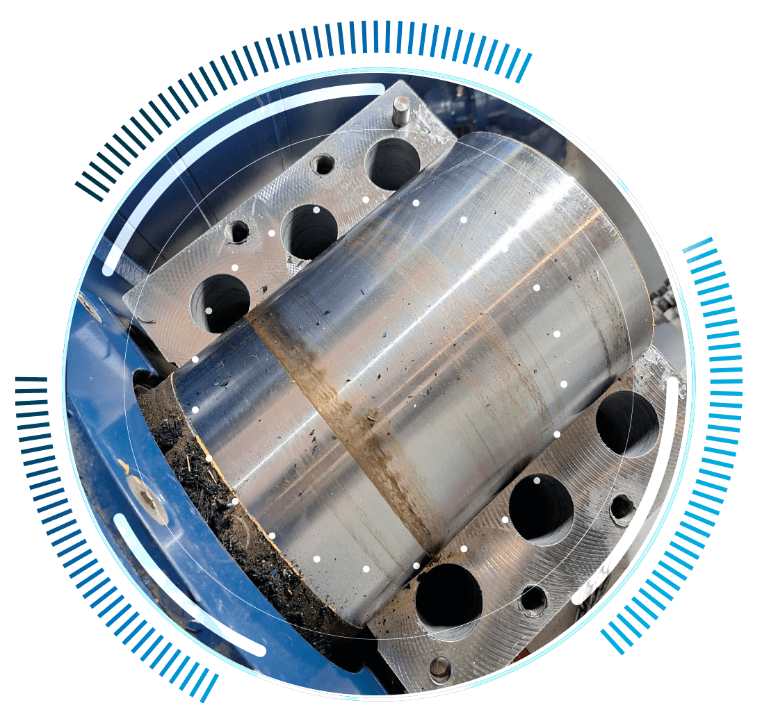 skywings.com.pl - A close-up of a shiny metal cylinder with drilled holes, surrounded by circular blue graphic elements, evokes an industrial theme—ideal for illustrating Hydrauliksystem-Service für Windturbinen or wind turbine electrical maintenance. Wind Turbine Service & Maintenance, Windenergieanlagen-Service & Instandhaltung