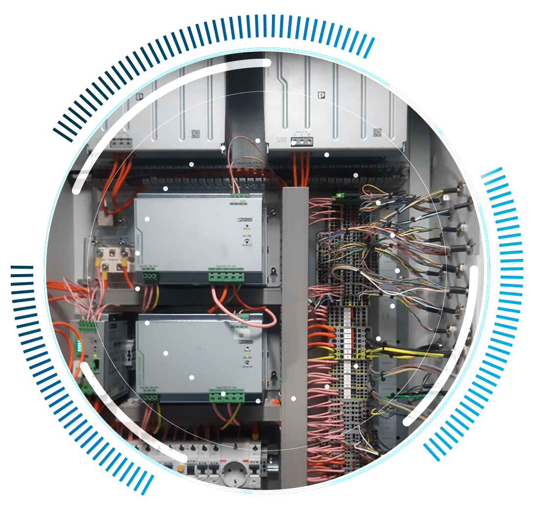 skywings.com.pl - A close-up of an electrical control panel with various wires, circuit boards, and components inside a circular graphic frame with blue and grey segmented lines—perfect for showcasing Windpark-Wartung or wind turbine drivetrain maintenance. Wind Turbine Service & Maintenance, Windenergieanlagen-Service & Instandhaltung
