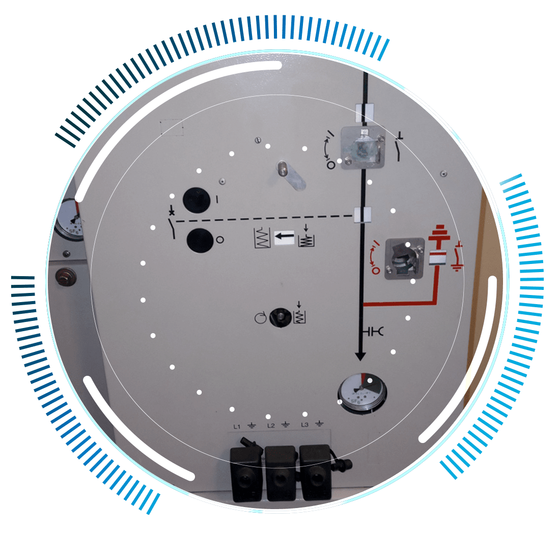 skywings.com.pl - A control panel with various switches, dials, and an illustrative circuit diagram—including black and red lines, arrows, and electrical symbols—encapsulates the precision of Windpark-Wartung within a circular graphic bordered by blue tick marks. Wind Turbine Service & Maintenance, Windenergieanlagen-Service & Instandhaltung