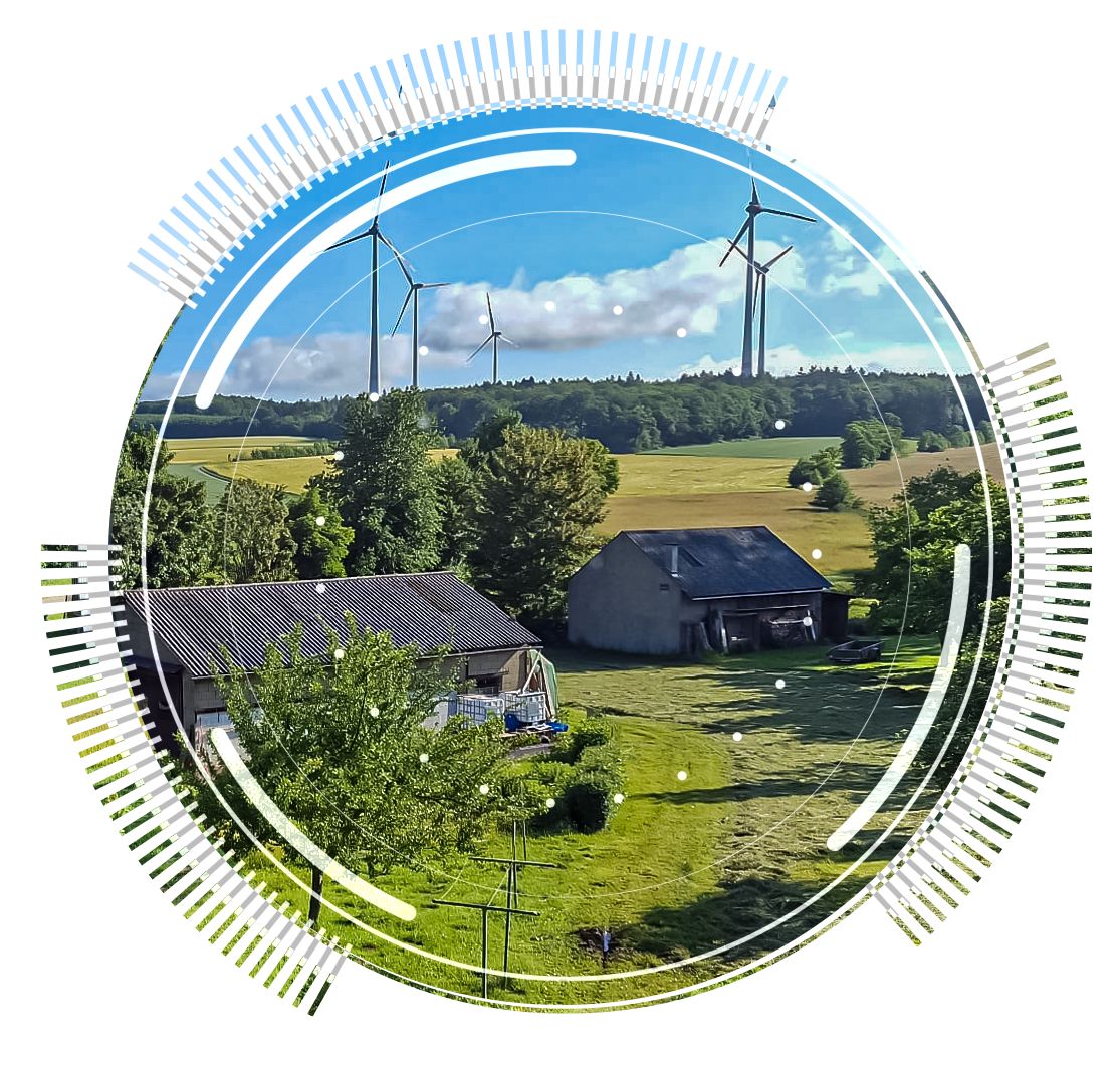 skywings.com.pl - A rural landscape with fields, trees, two farm buildings, and wind turbines in the background, overlaid with a circular digital graphic design referencing Vestas gearbox service. Wind Turbine Service & Maintenance, Windenergieanlagen-Service & Instandhaltung